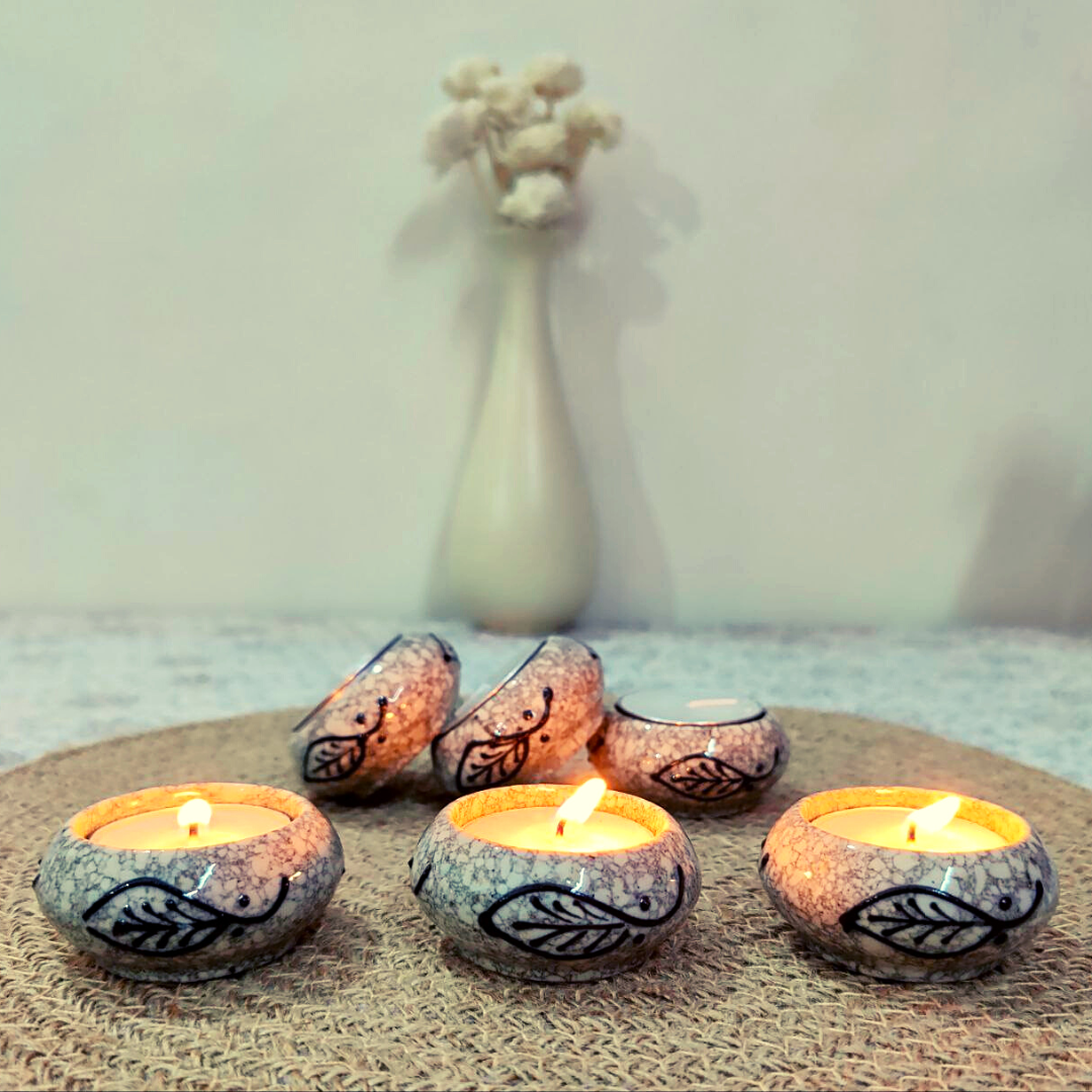 Homefrills Ceramic Hand-Painted Reusable Tealight Candle Holders /Diya with Candles Tealight Holder Stand for Home Decoration - Pack of 6 Ceramic tealight Holders with 6 Candles (DIY-Black)